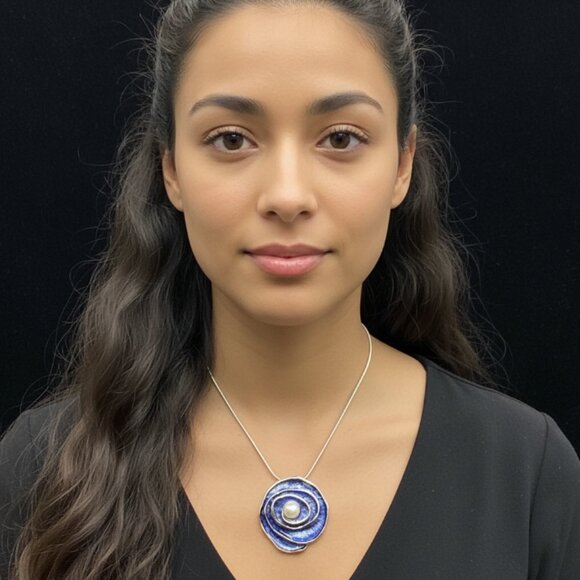 Artisan Blue and Silver Flower Swirl Pearl Accent Pendant Necklace - Picture 7 of 7